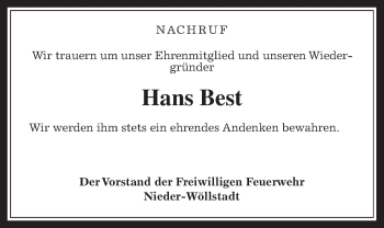 Traueranzeige von Hans Best von Wetterauer Zeitung, Wetterauer Zeitung