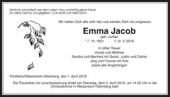 Traueranzeige von Emma Jacob von Gießener Allgemeine, Alsfelder Allgemeine