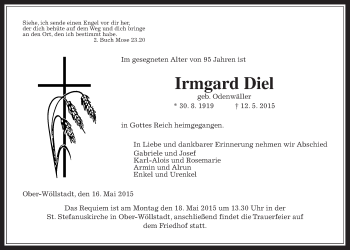 Traueranzeige von Irmgard Diel von Wetterauer Zeitung, Wetterauer Zeitung