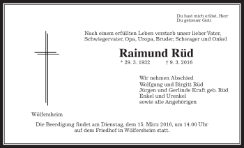 Traueranzeige von Raimund Rüd von Wetterauer Zeitung, Wetterauer Zeitung