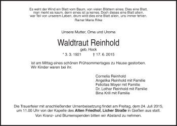 Traueranzeige von Waldtraut Reinhold von Gießener Allgemeine, Alsfelder Allgemeine