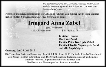 Traueranzeige von Irmgard Anna Zabel von Gießener Allgemeine, Alsfelder Allgemeine