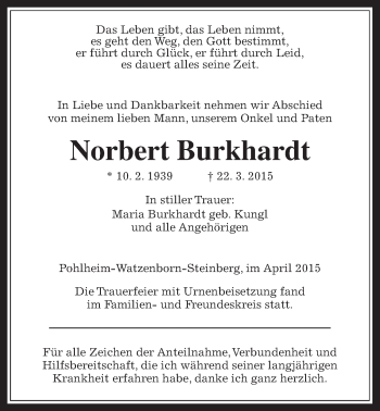 Traueranzeige von Norbert Burkhardt von Pohlheimer Nachrichten