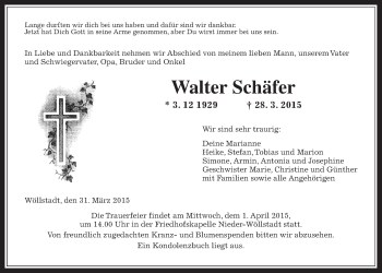 Traueranzeige von Walter Schäfer von Wetterauer Zeitung, Wetterauer Zeitung