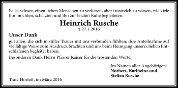 Traueranzeige von Heinrich Rusche von Licher Wochenblatt, Licher Wochenblatt, Licher Wochenblatt