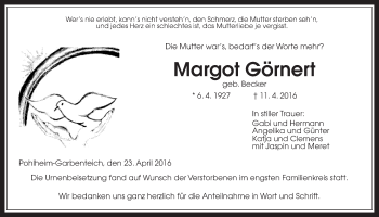 Traueranzeige von Margot Görnert von Gießener Allgemeine, Alsfelder Allgemeine