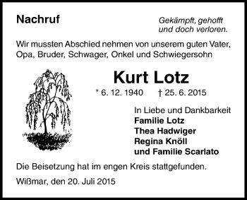 Traueranzeige von Kurt Lotz von Allendorfer Mitteilungen