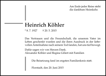 Traueranzeige von Heinrich Köhler von Wetterauer Zeitung, Wetterauer Zeitung