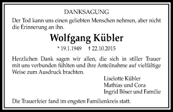 Traueranzeige von Wolfgang Kübler von Licher Wochenblatt, Licher Wochenblatt, Licher Wochenblatt