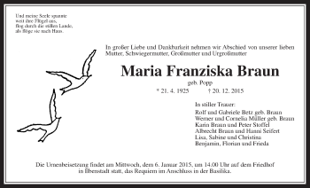 Traueranzeige von Maria Franziska Braun von Wetterauer Zeitung, Wetterauer Zeitung