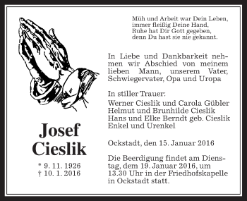 Traueranzeige von Josef Cieslik von Wetterauer Zeitung, Wetterauer Zeitung