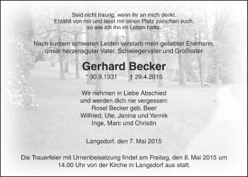 Traueranzeige von Gerhard Becker von Licher Wochenblatt, Licher Wochenblatt, Licher Wochenblatt