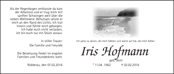 Traueranzeige von Iris Hofmann von Wetterauer Zeitung, Wetterauer Zeitung