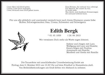 Traueranzeige von Edith Bergk von Wetterauer Zeitung, Wetterauer Zeitung