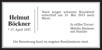 Traueranzeige von Helmut Böckner von Gießener Allgemeine, Alsfelder Allgemeine