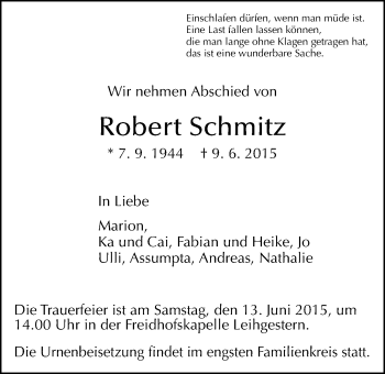 Traueranzeige von Robert Schmitz von Gießener Allgemeine, Alsfelder Allgemeine