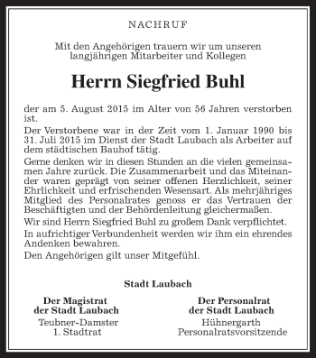 Traueranzeige von Siegfried Buhl von Heimatzeitung Grünberg + Laubach, Laubacher Anzeiger