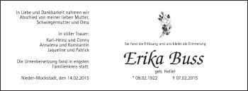 Traueranzeige von Erika Buss von Wetterauer Zeitung, Wetterauer Zeitung