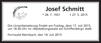 Traueranzeige von Josef Schmitt von Gießener Allgemeine, Alsfelder Allgemeine