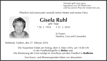 Traueranzeige von Gisela Ruhl von Gießener Allgemeine, Alsfelder Allgemeine