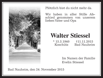 Traueranzeige von Walter Stiessel von Wetterauer Zeitung, Wetterauer Zeitung