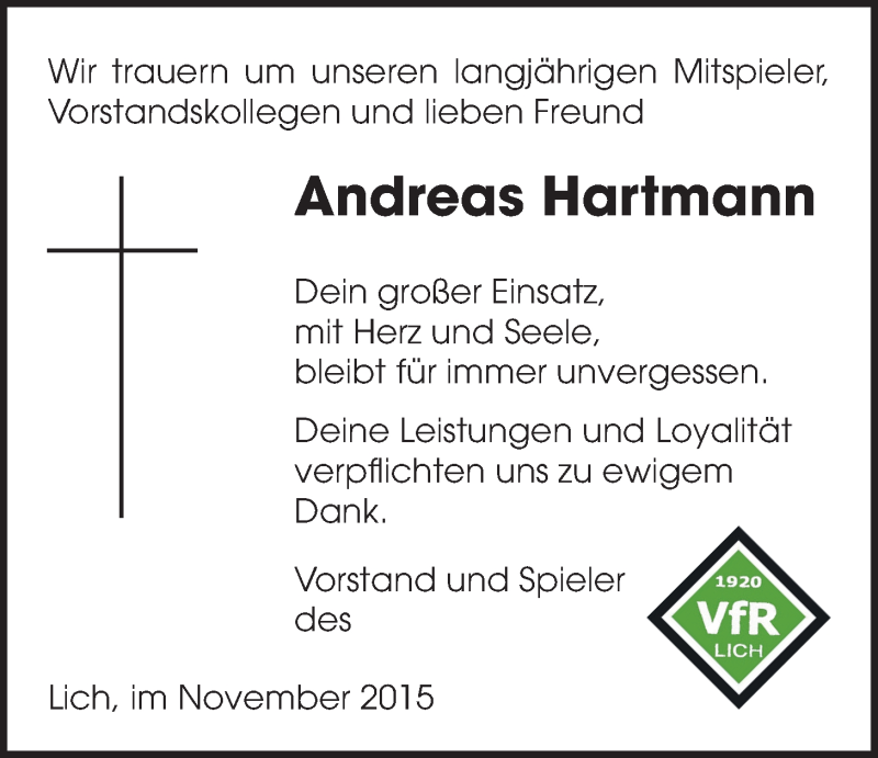  Traueranzeige für Andreas Hartmann vom 12.11.2015 aus Licher Wochenblatt, Licher Wochenblatt, Licher Wochenblatt