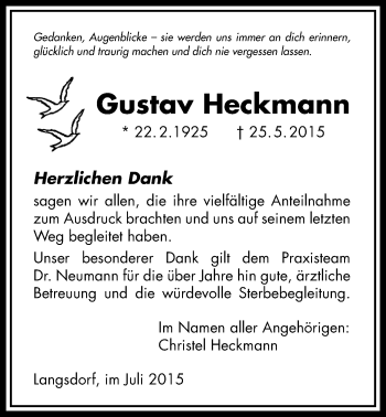 Traueranzeige von Gustav Heckmann von Licher Wochenblatt, Licher Wochenblatt, Licher Wochenblatt