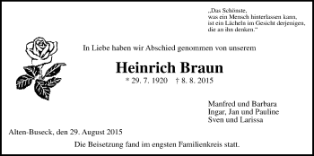 Traueranzeige von Heinrich Braun von Gießener Allgemeine, Alsfelder Allgemeine