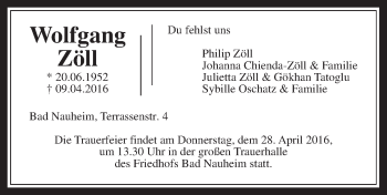 Traueranzeige von Wolfgang Zöll von Gießener Allgemeine, Alsfelder Allgemeine, Wetterauer Zeitung, Wetterauer Zeitung