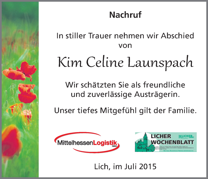  Traueranzeige für Kim Celine Launspach vom 17.07.2015 aus 