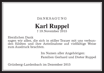 Traueranzeige von Karl Ruppel von Gießener Allgemeine, Alsfelder Allgemeine