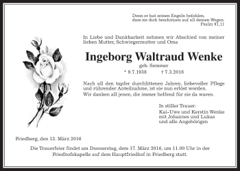 Traueranzeige von Ingeborg Waltraud Wenke von Wetterauer Zeitung, Wetterauer Zeitung