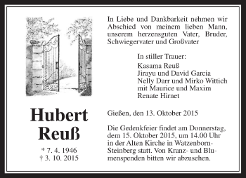 Traueranzeige von Hubert Reuß von Gießener Allgemeine, Alsfelder Allgemeine