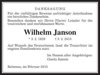 Traueranzeige von Wilhelm Janson von Rabenauer Zeitung