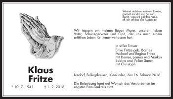 Traueranzeige von Klaus Fritze von Gießener Allgemeine, Alsfelder Allgemeine