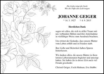 Traueranzeige von Johanne Geiger von Wetterauer Zeitung, Wetterauer Zeitung