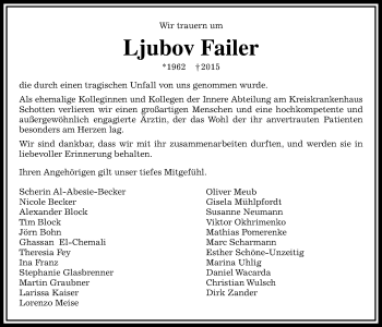 Traueranzeige von Ljubov Failer von Gießener Allgemeine, Alsfelder Allgemeine