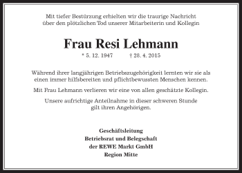 Traueranzeige von Resi Lehmann von Gießener Allgemeine, Alsfelder Allgemeine