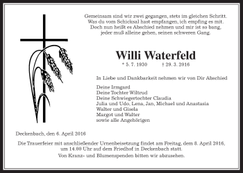 Traueranzeige von Willi Waterfeld von Alsfelder Allgemeine