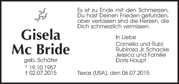 Traueranzeige von Gisela Mc Bride von Gießener Allgemeine, Alsfelder Allgemeine, Wetterauer Zeitung, Wetterauer Zeitung