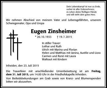 Traueranzeige von Eugen Zinsheimer von Licher Wochenblatt, Licher Wochenblatt, Licher Wochenblatt