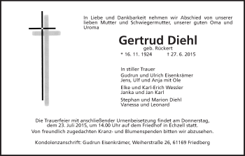 Traueranzeige von Gertrud Diehl von Wetterauer Zeitung, Wetterauer Zeitung