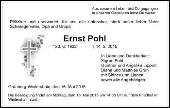 Traueranzeige von Ernst Pohl von Gießener Allgemeine, Alsfelder Allgemeine
