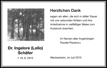 Traueranzeige von Ingelore  Schäfer von Wetterauer Zeitung, Wetterauer Zeitung