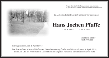 Traueranzeige von Hans Jochen Pfaffe von Alsfelder Allgemeine