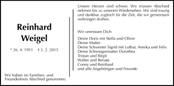 Traueranzeige von Reinhard Weigel von Gießener Allgemeine, Alsfelder Allgemeine