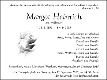 Traueranzeige von Margot Heinrich von Gießener Allgemeine, Alsfelder Allgemeine