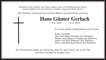 Traueranzeige von Hans Günter Gerlach von Wetterauer Zeitung, Wetterauer Zeitung