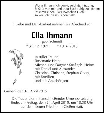 Traueranzeige von Ella Ihmann von Gießener Allgemeine, Alsfelder Allgemeine