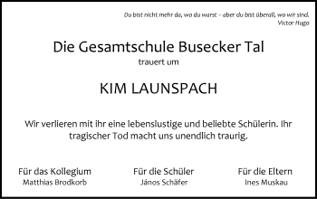 Traueranzeige von Kim Celine Launspach von Gießener Allgemeine, Alsfelder Allgemeine